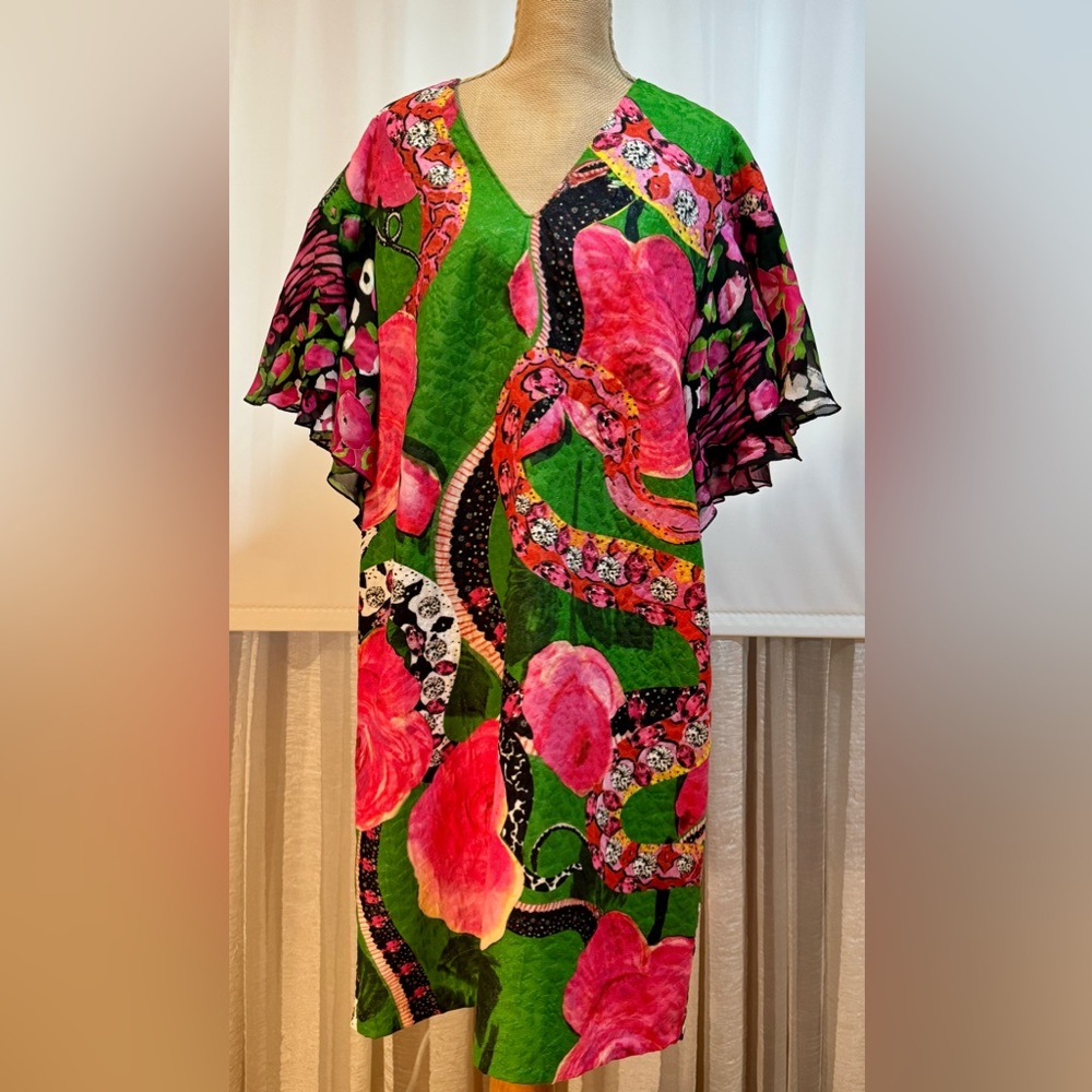 Roberto Cavalli Pink and Green Graphic Flutter Sleeve Dress, size 12